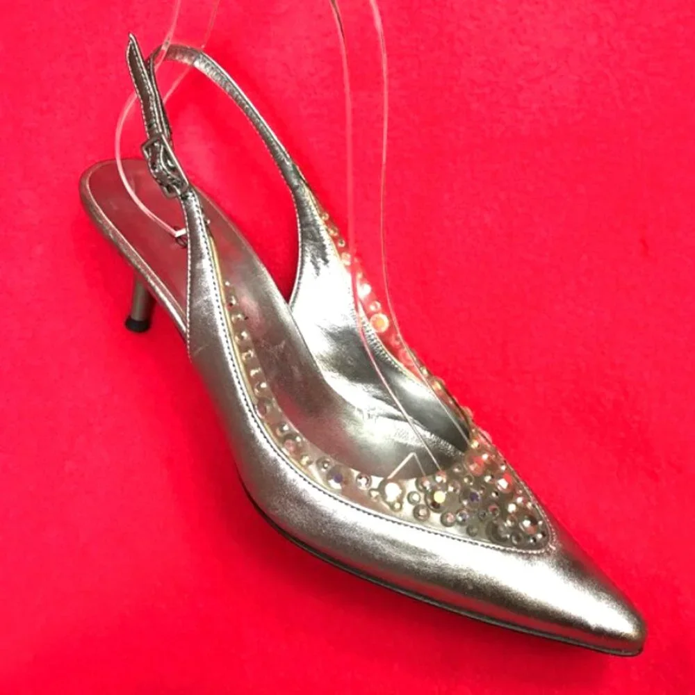 Auc Auc Sergio Rossi Crystal silver kitten heel slingback IT 36 US 6